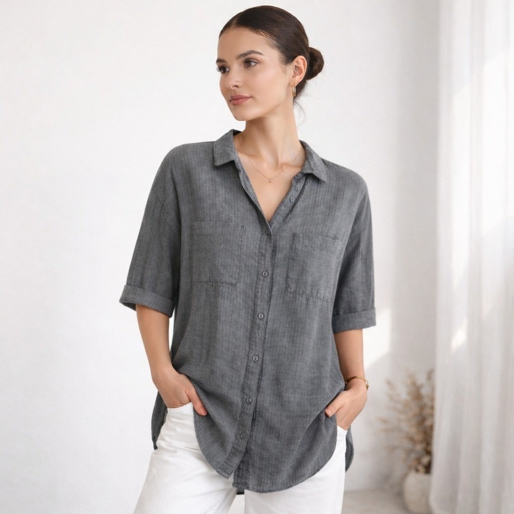 Samansa Moe2 Charcoal Grey Herringbone‎ Button Down Tunic Oversized